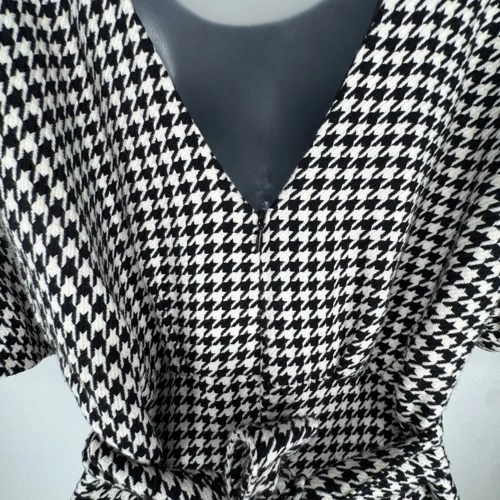 Zara Houndstooth Flutter Sleeve Midi Dress Tie‎ Small Retro Pin Up French Girl